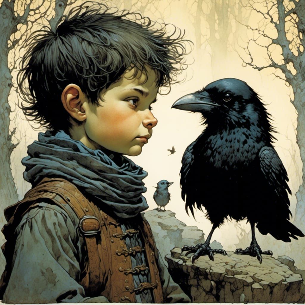 Whimsical Portrait of a Boy and Crow in a Fantastical World