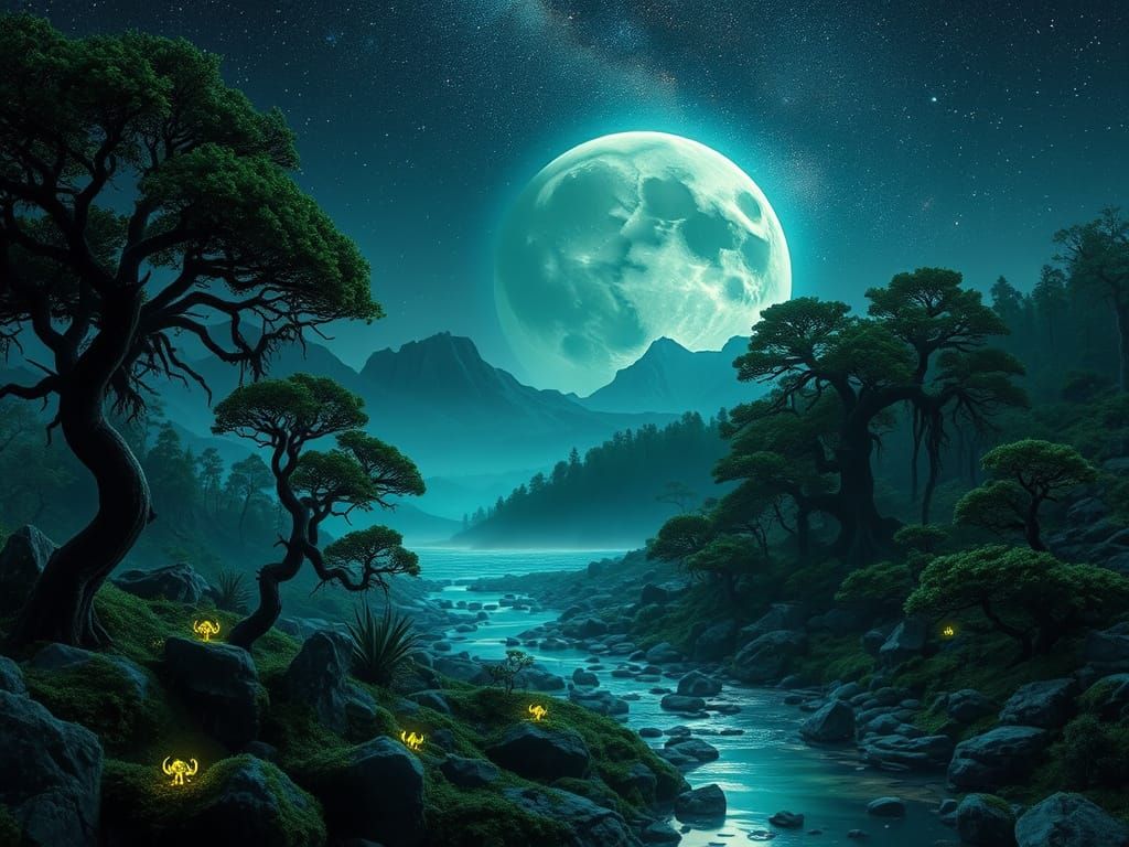 Ethereal Moonlit Alien World in Hyper-Realistic Style