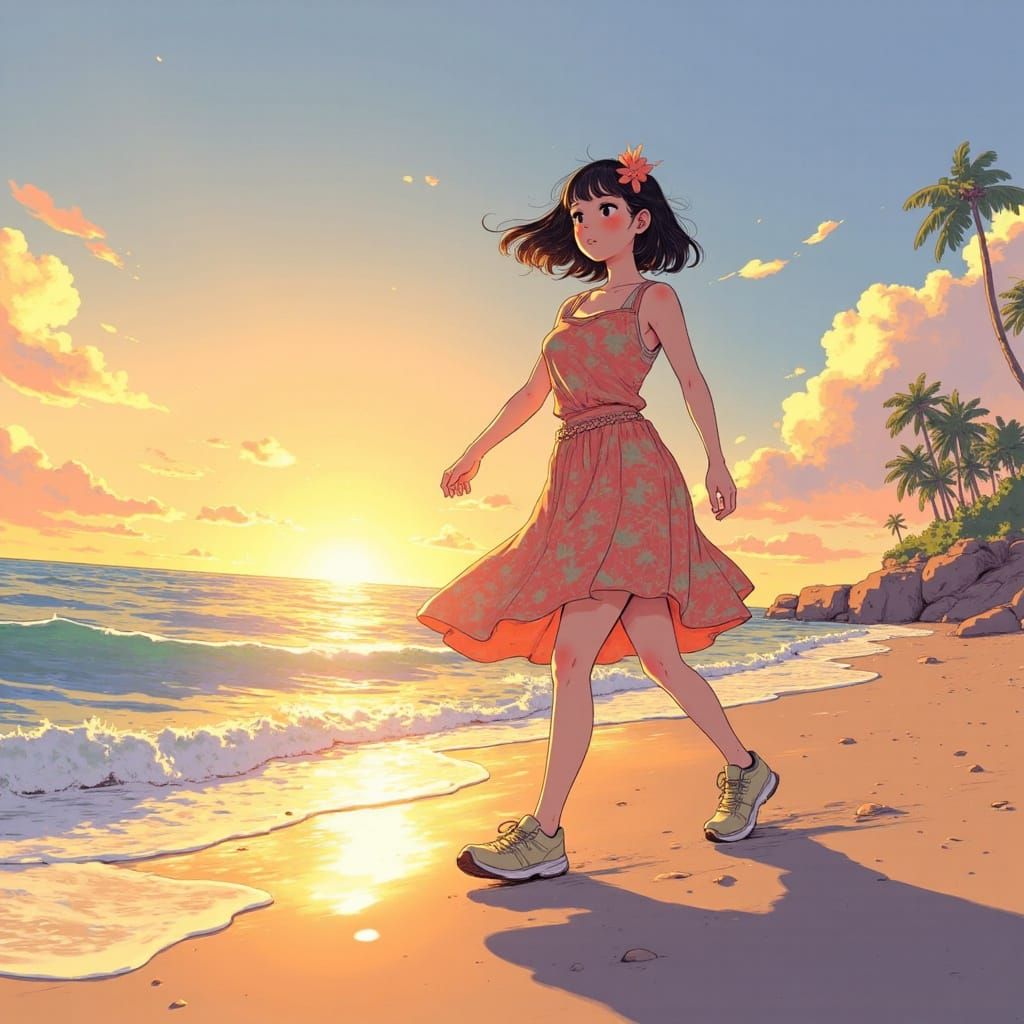 Anime Girl Running on Beach in 3D Art Style