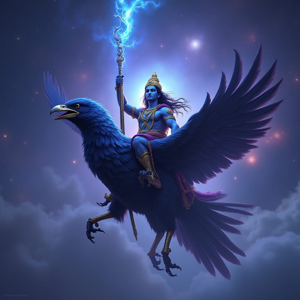Shani Dev on Crow with Cosmic Staff