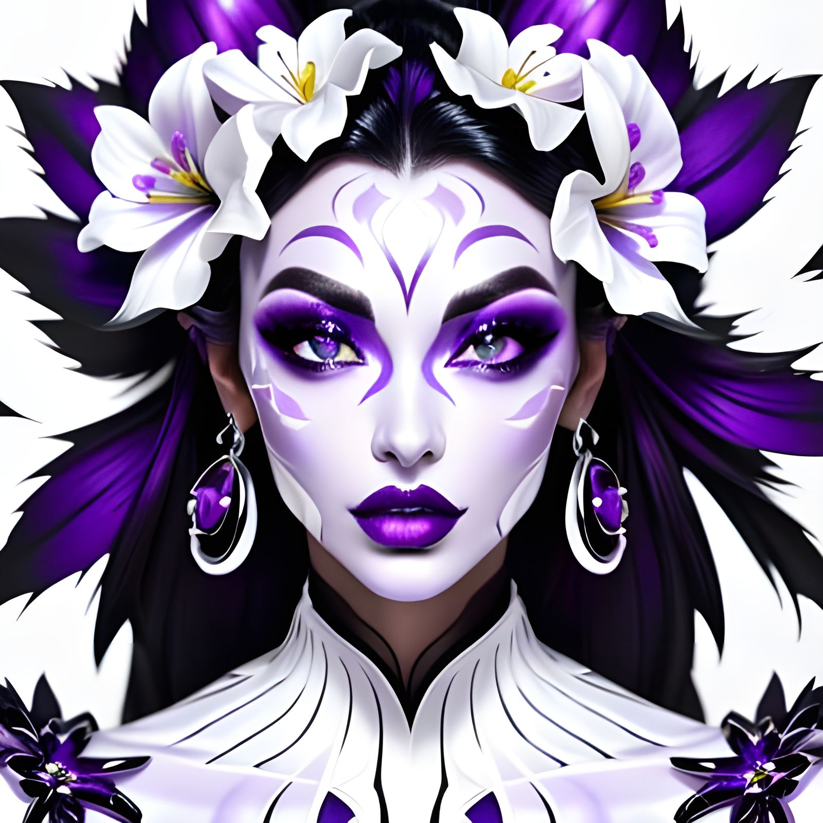 Glossy Purple Lips Adorned with Painted Flowers
