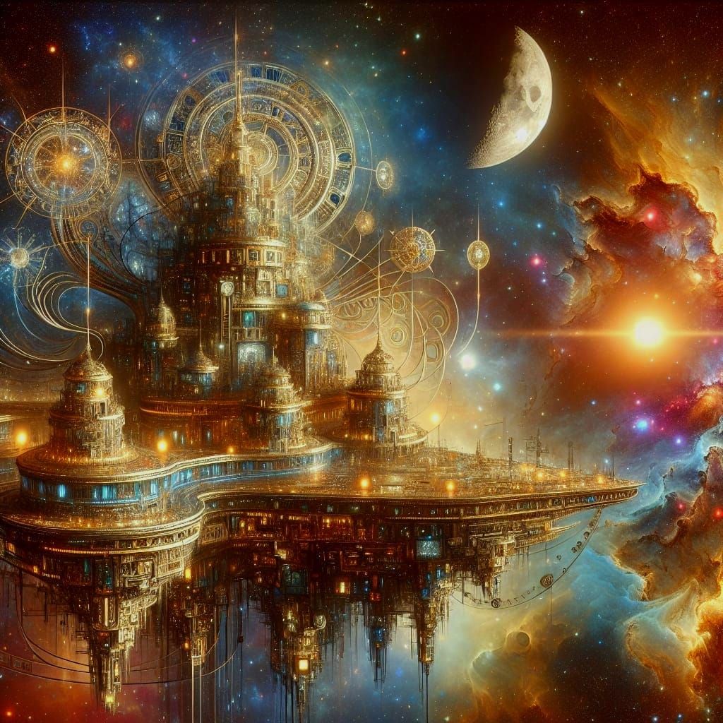 Ornate Spaceship Transcends Time in Starry Void