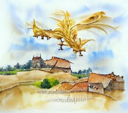 Golden Dragon Flight Over Medieval Village Watercolor