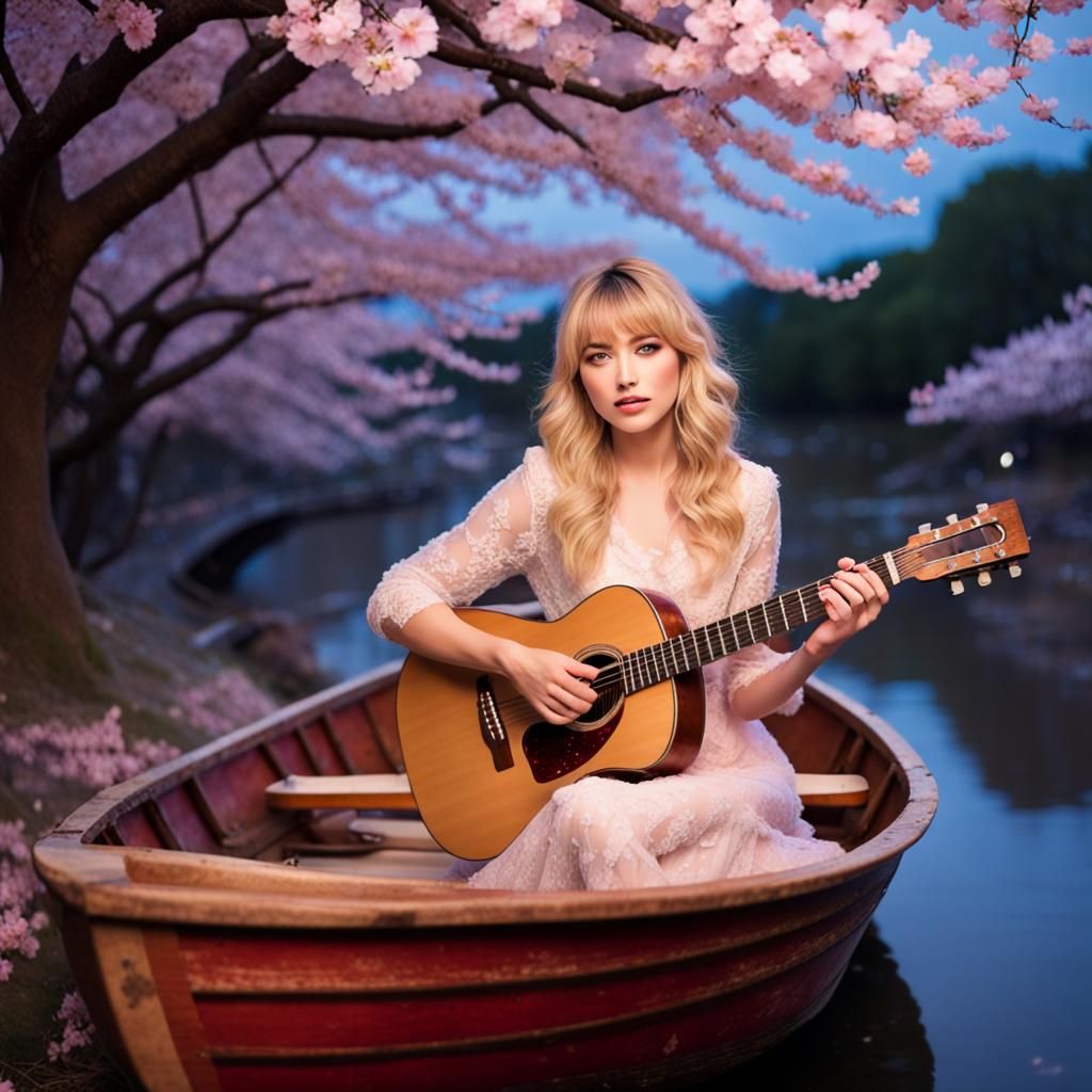 Young Woman in Boat Surrounded by Cherry Blossoms