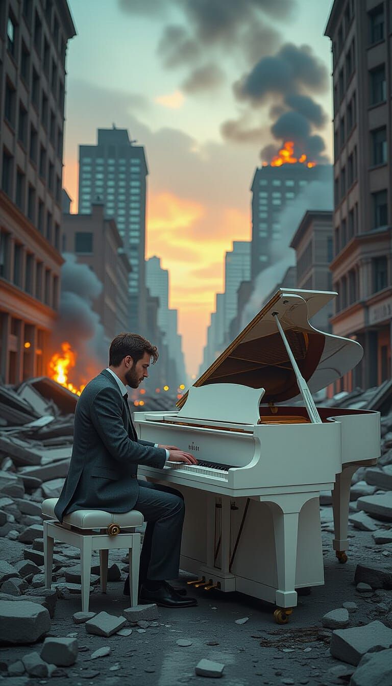 Man Plays Piano in Ruined Cityscape