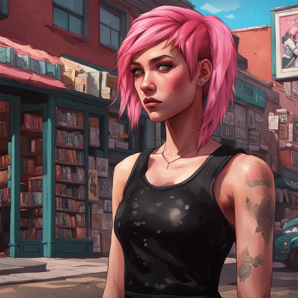 Emo Girl Portrait Outside Comic Store, Hyperdetailed Art