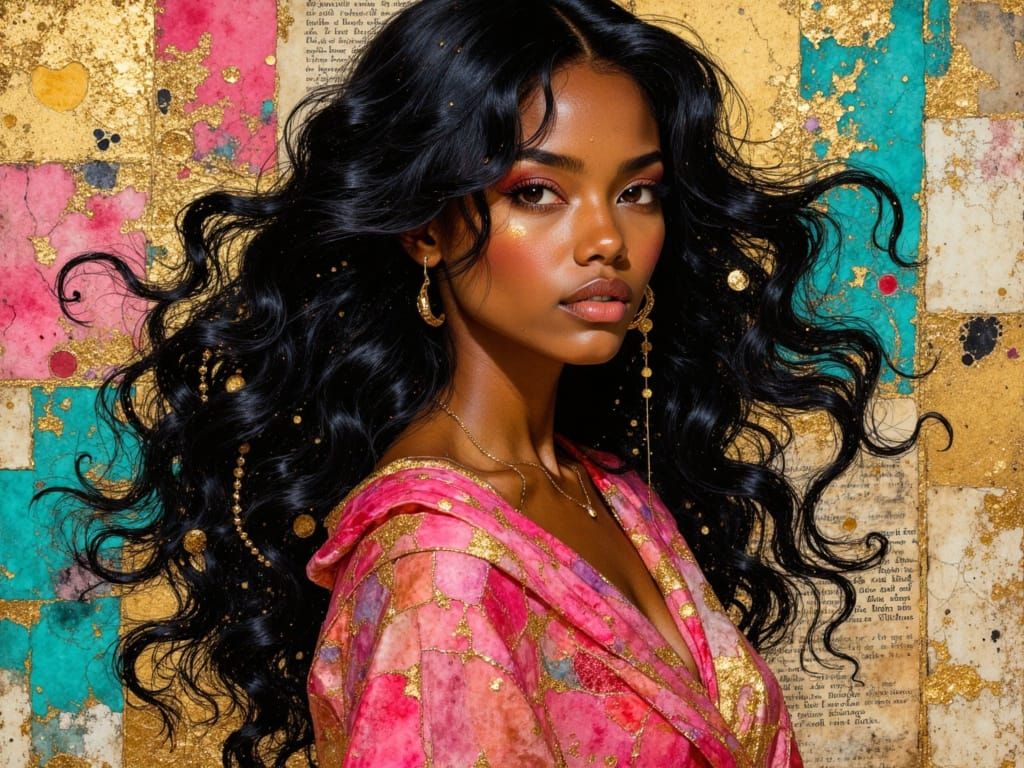 Stylish Black Woman in Silk Shawl, Mixed Media Art