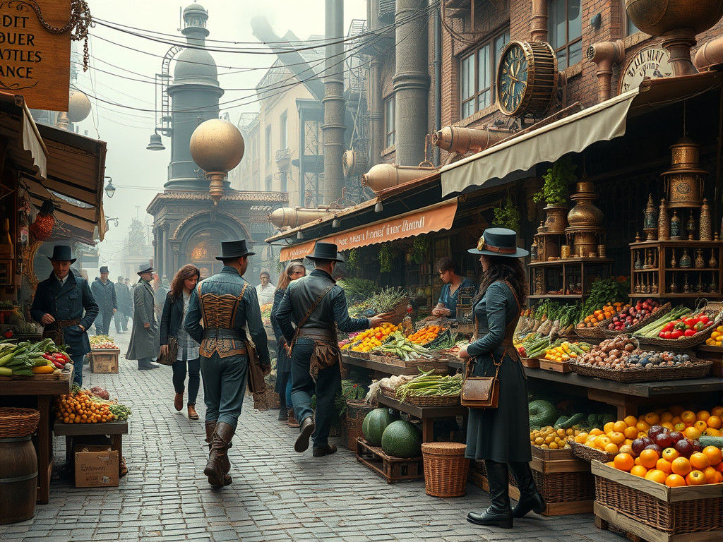 Steampunk Victorian Market with Brass and Gadgets