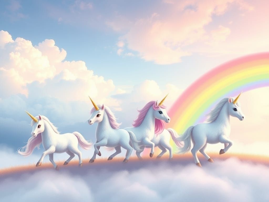 Whimsical Fluffy Unicorns Dance on Pastel Rainbow