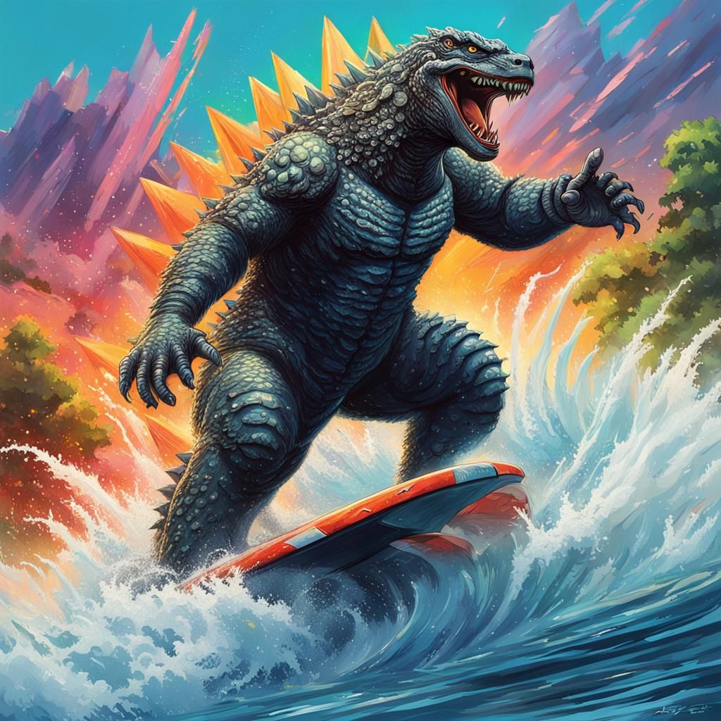 Godzilla Shreds Waves: Hyperrealistic Splash Art