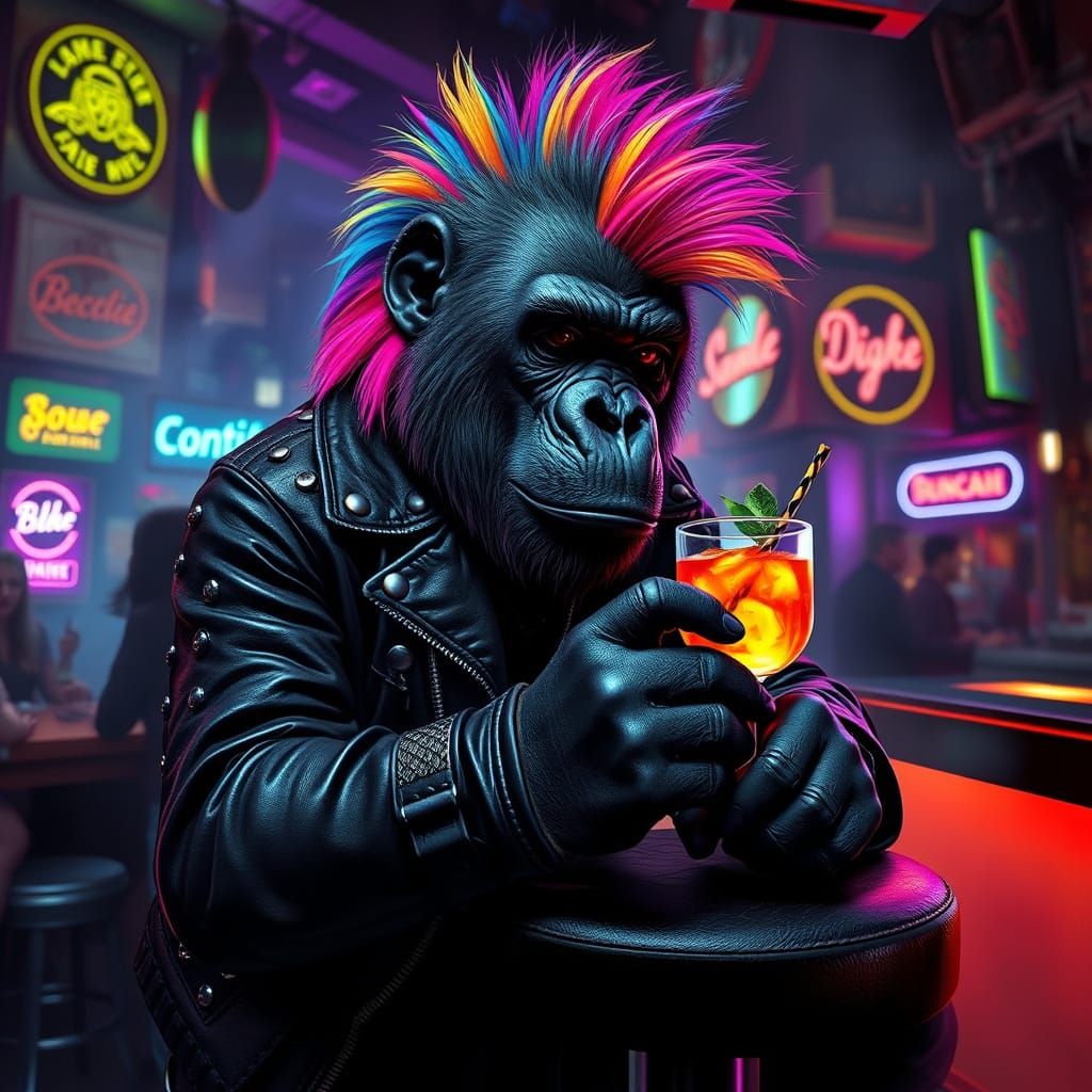 A charismatic, mischievous, and endearingly eccentric gorilla with a vibrant, rainbow-coloured, and delightfully messy p...