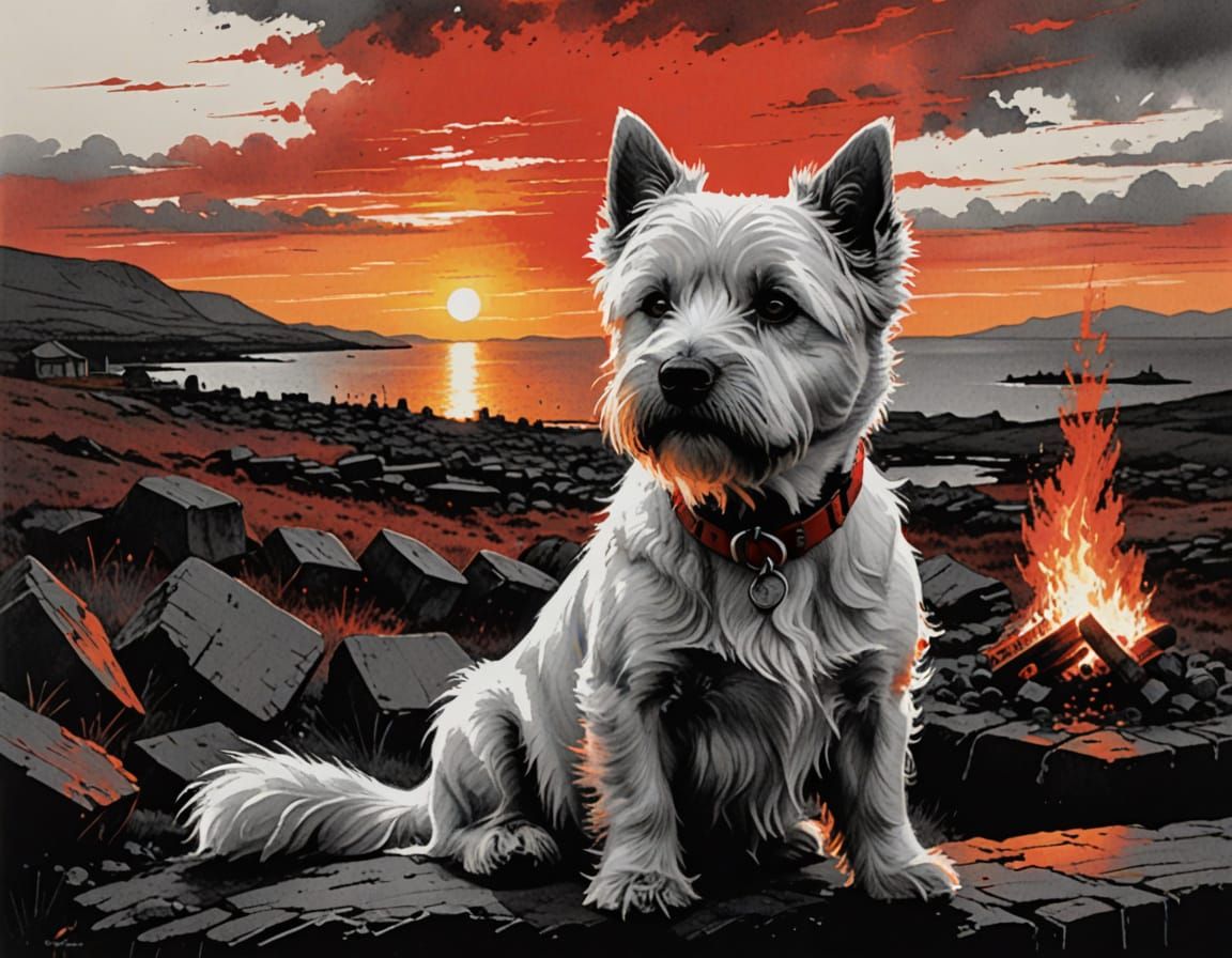 Westie Watches Fiery Skye Sunset in Street Art Style