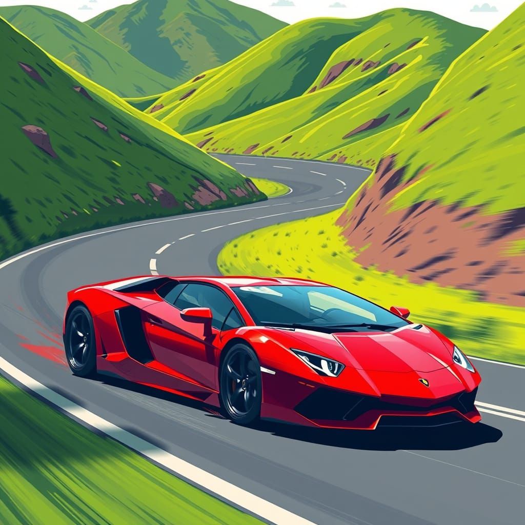 Red Lamborghini Speeds Down Winding Road in Vibrant Scene