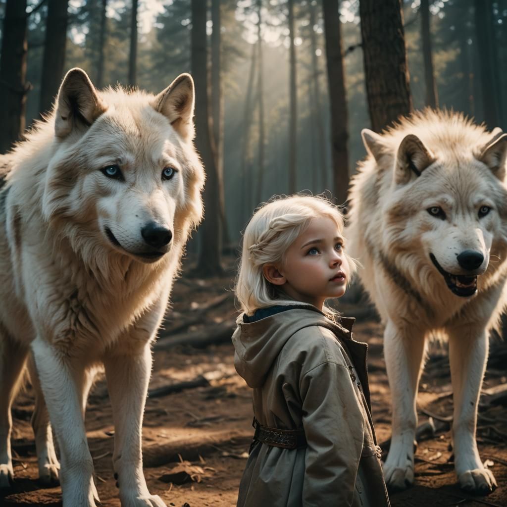 Girl with White Wolf in Cinematic Lighting
