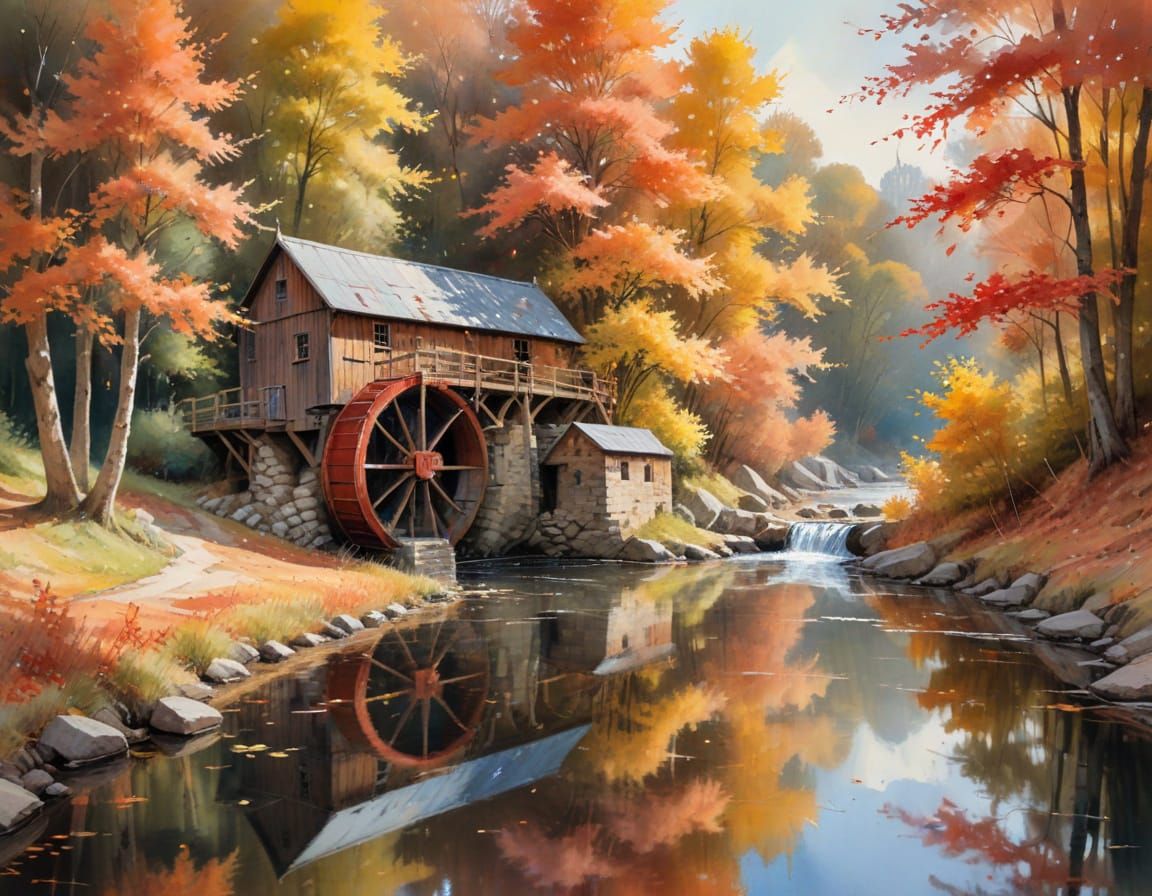 Autumn River in Neo-Impressionist Watercolor Style