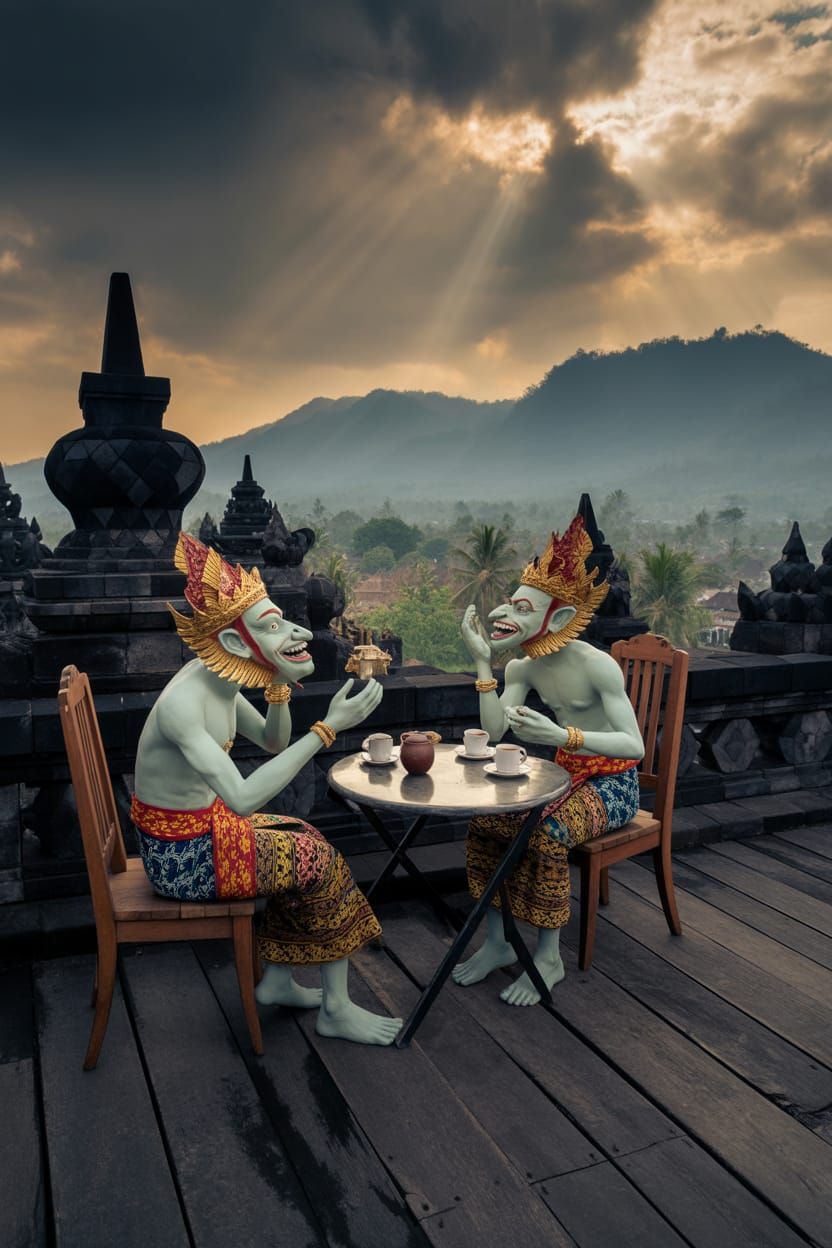 Anthropomorphic Wayang Enjoying a Cuppa and a Chat