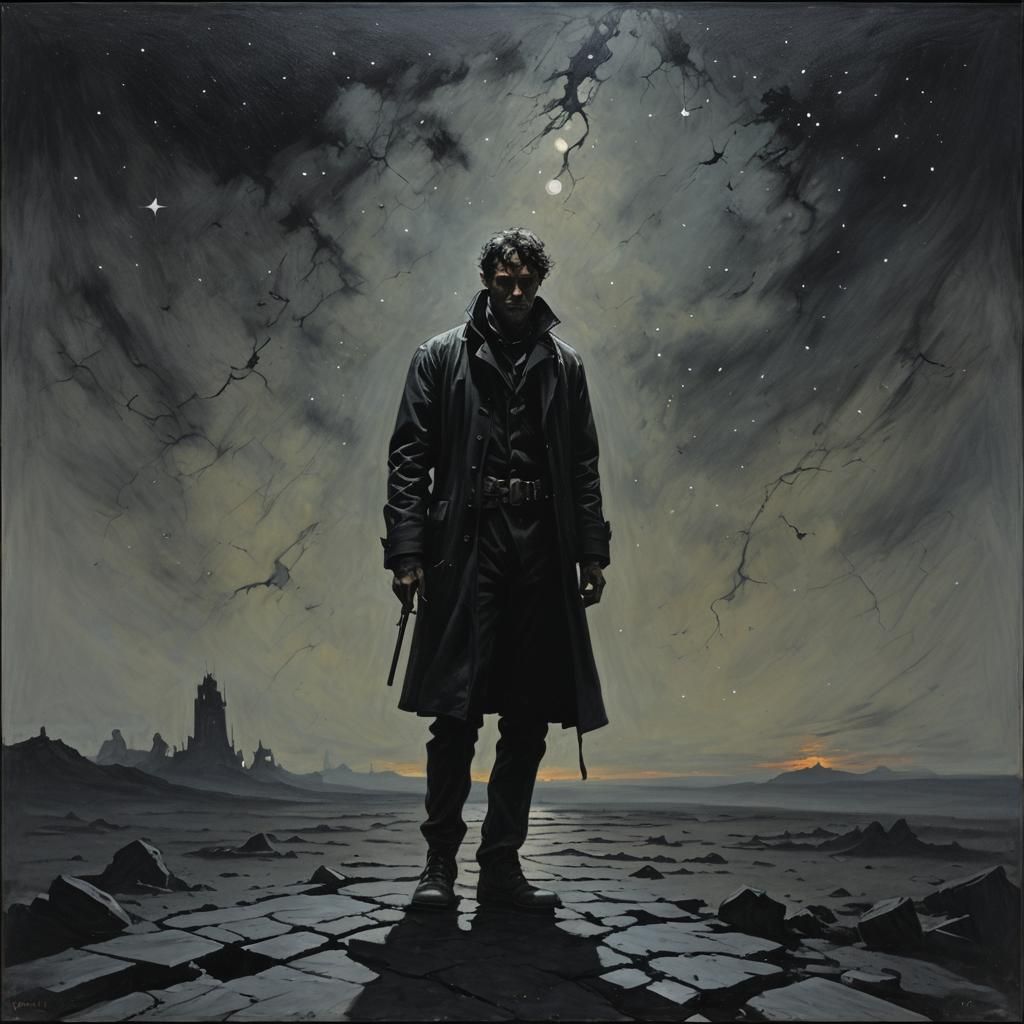 Melancholic Figure in Night as Oil Painting