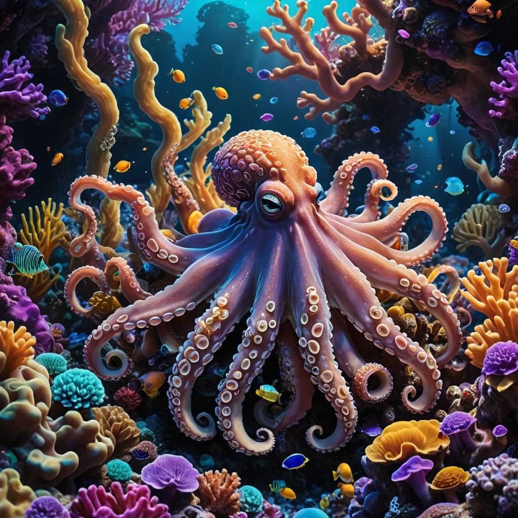 Bioluminescent Coral Reef with Octopus in Fantasy Art
