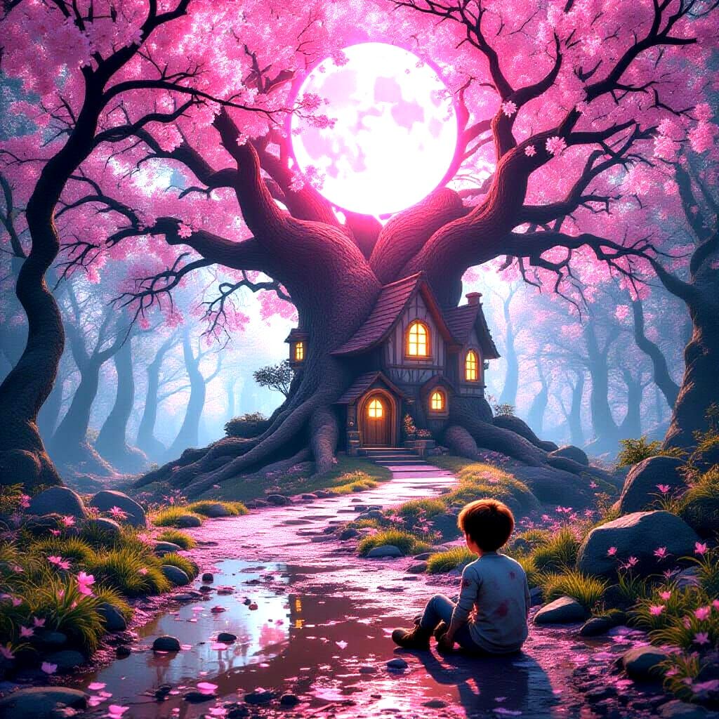 Magical Cherry Blossom Forest With Glowing Treehouse