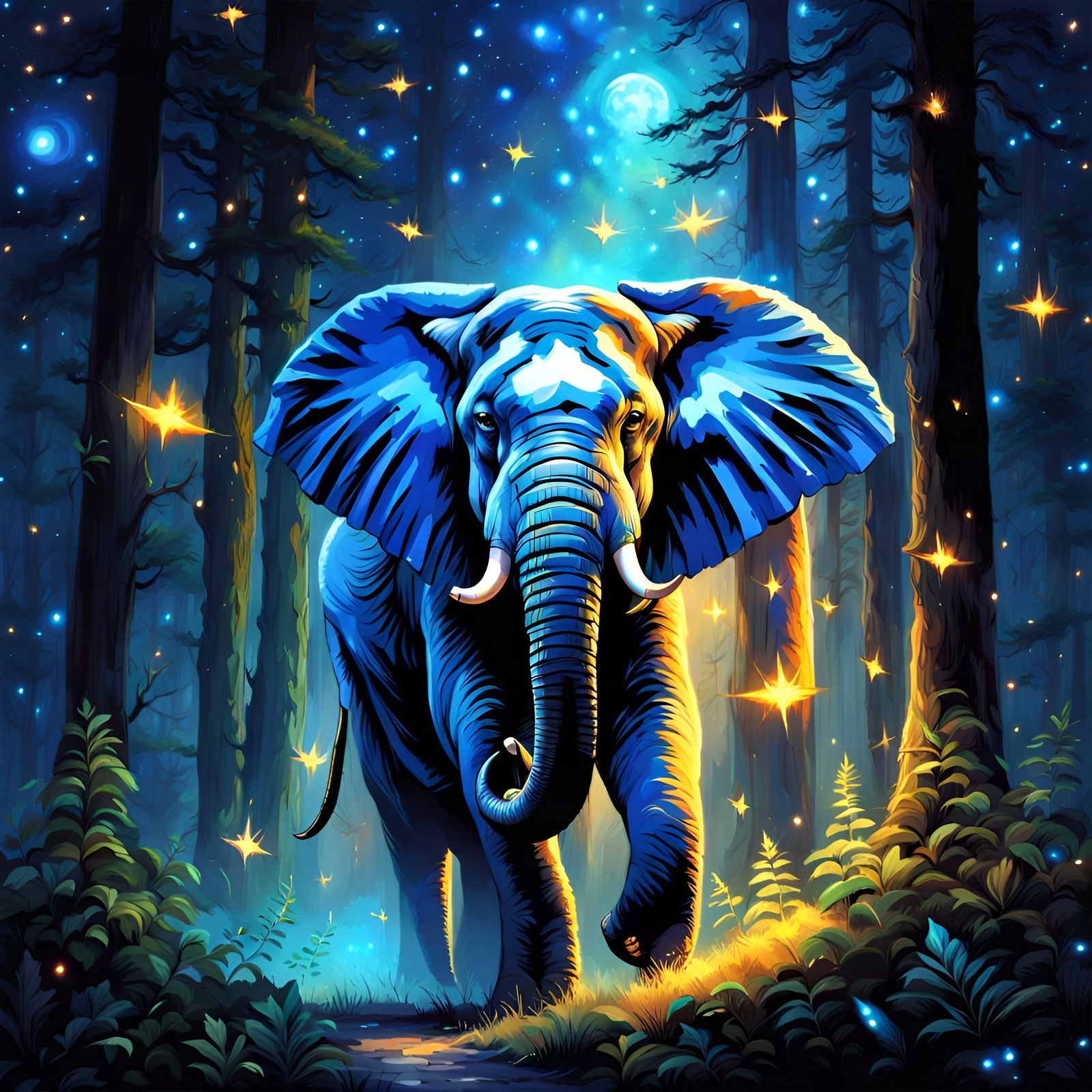 Glowing Transparent Elephant in Magical Forest