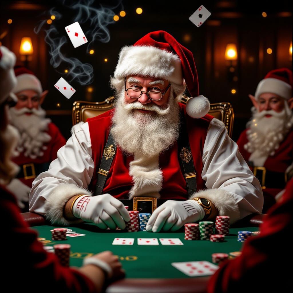 Santa Claus Plays Poker with Elves in Smoky Casino