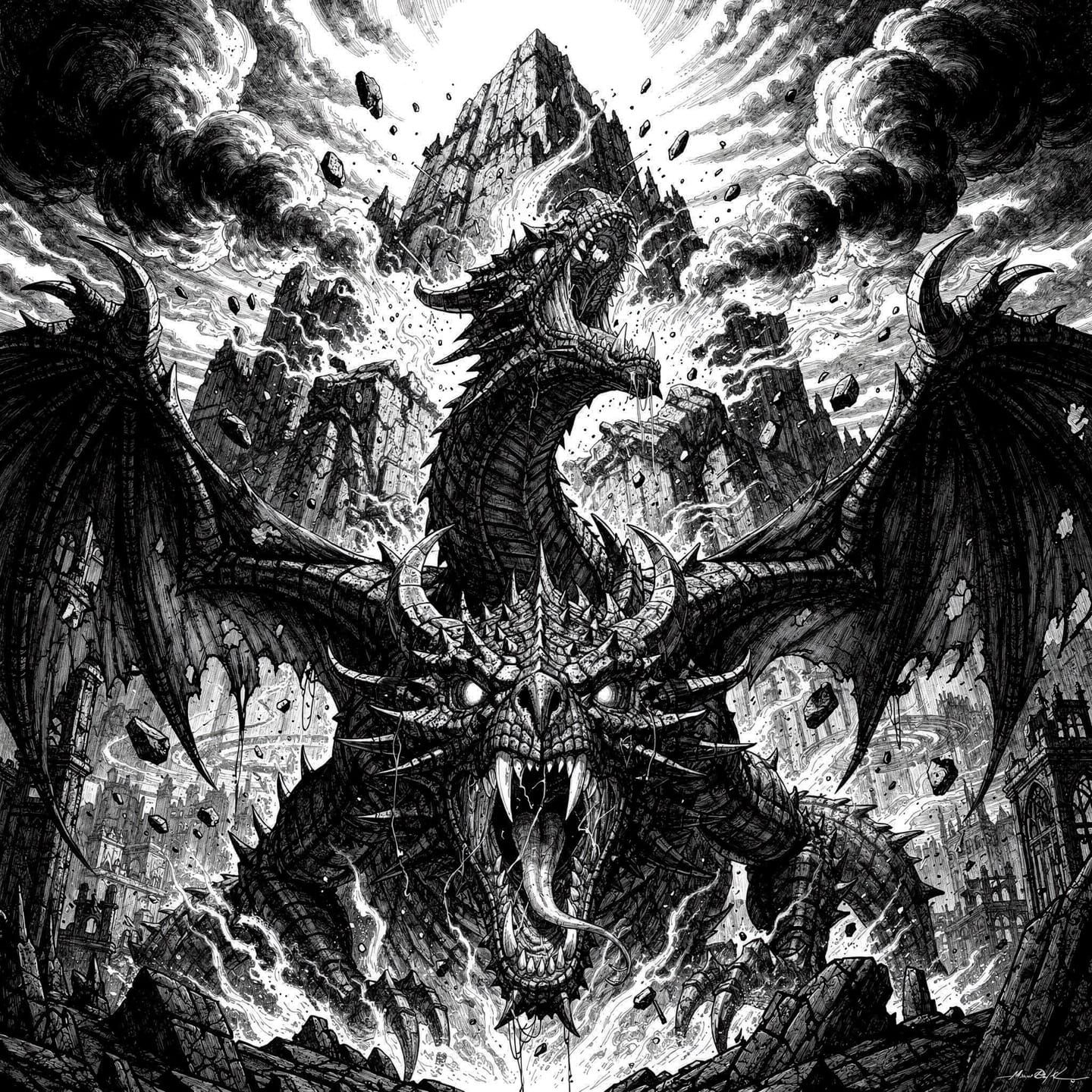 Furious Black Dragon Annihilates Mountain in Black and White