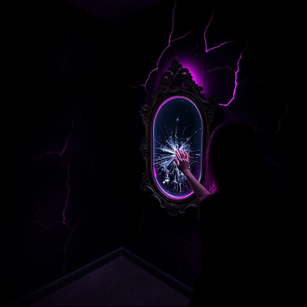 Woman Reaching for Mirror in Neon Lit Room