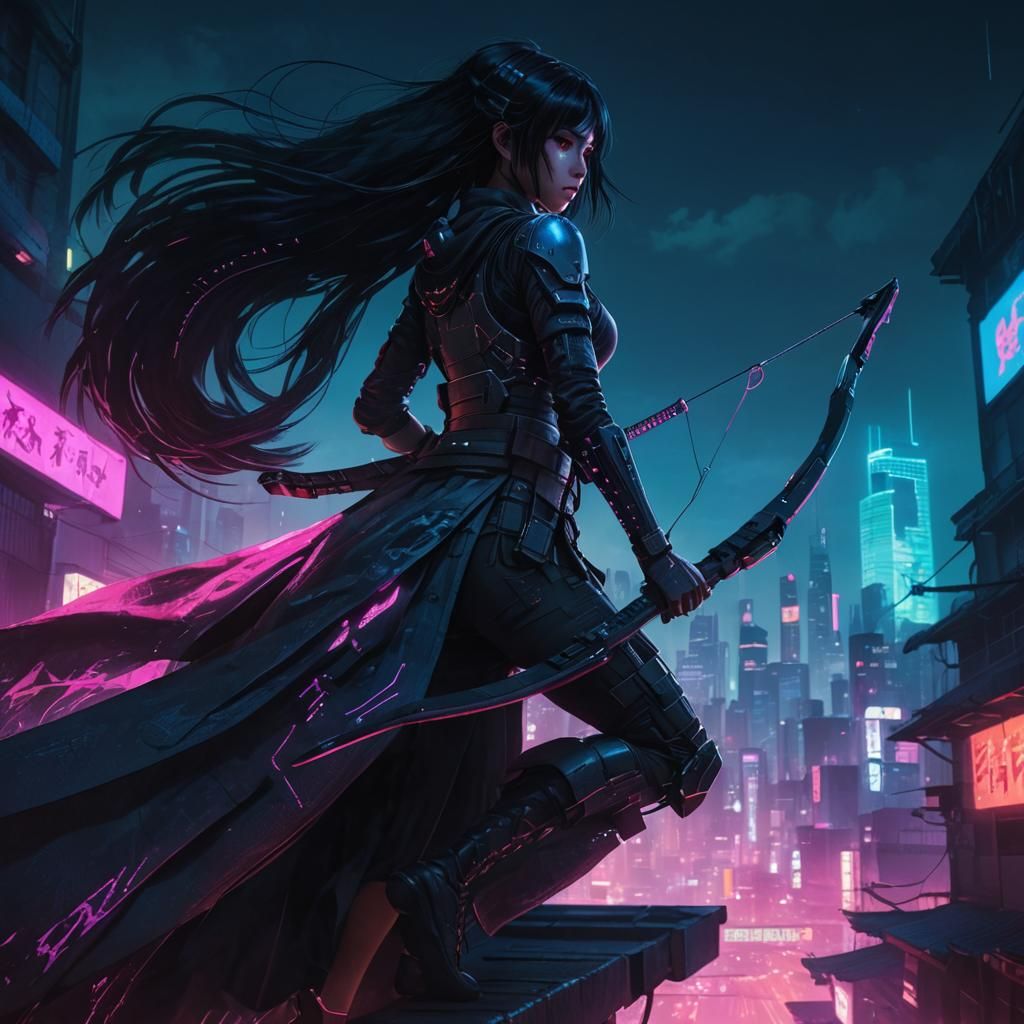 Cyberpunk Street Samurai with Compound Bow