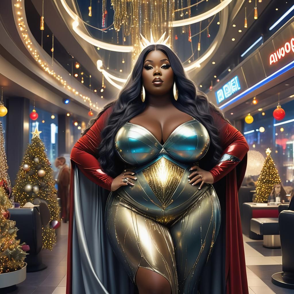 Plus-Size Queen with Christmas Lights in Cyberpunk City