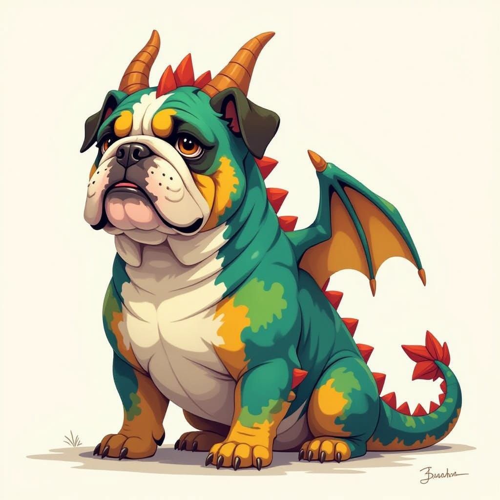 Bulldog Dragon Hybrid in Whimsical Storybook Style