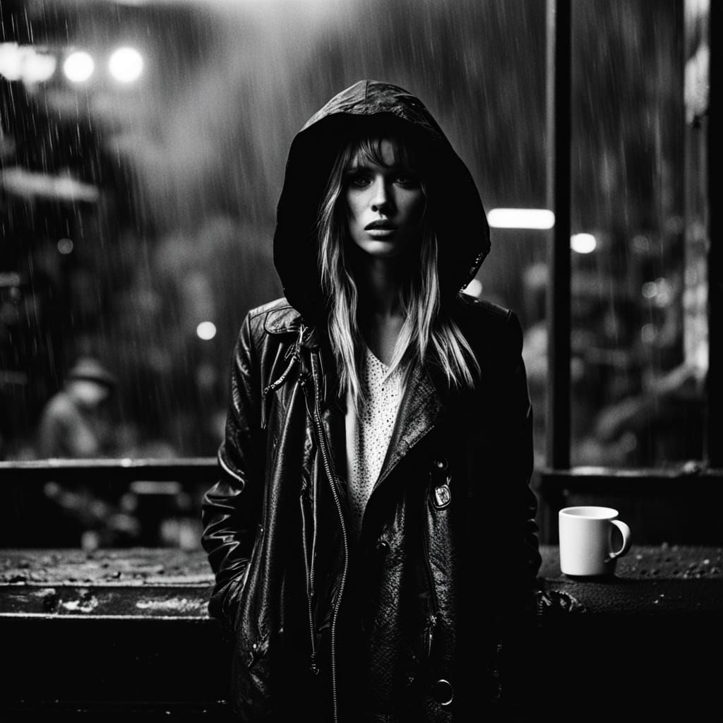 Noir Fashion Photography of Model in Urban Coffee Shop