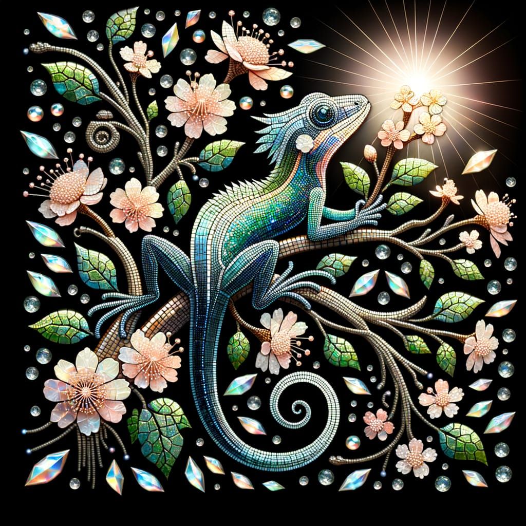 Shimmering Bird Lizard Mosaic on Blossoming Branch
