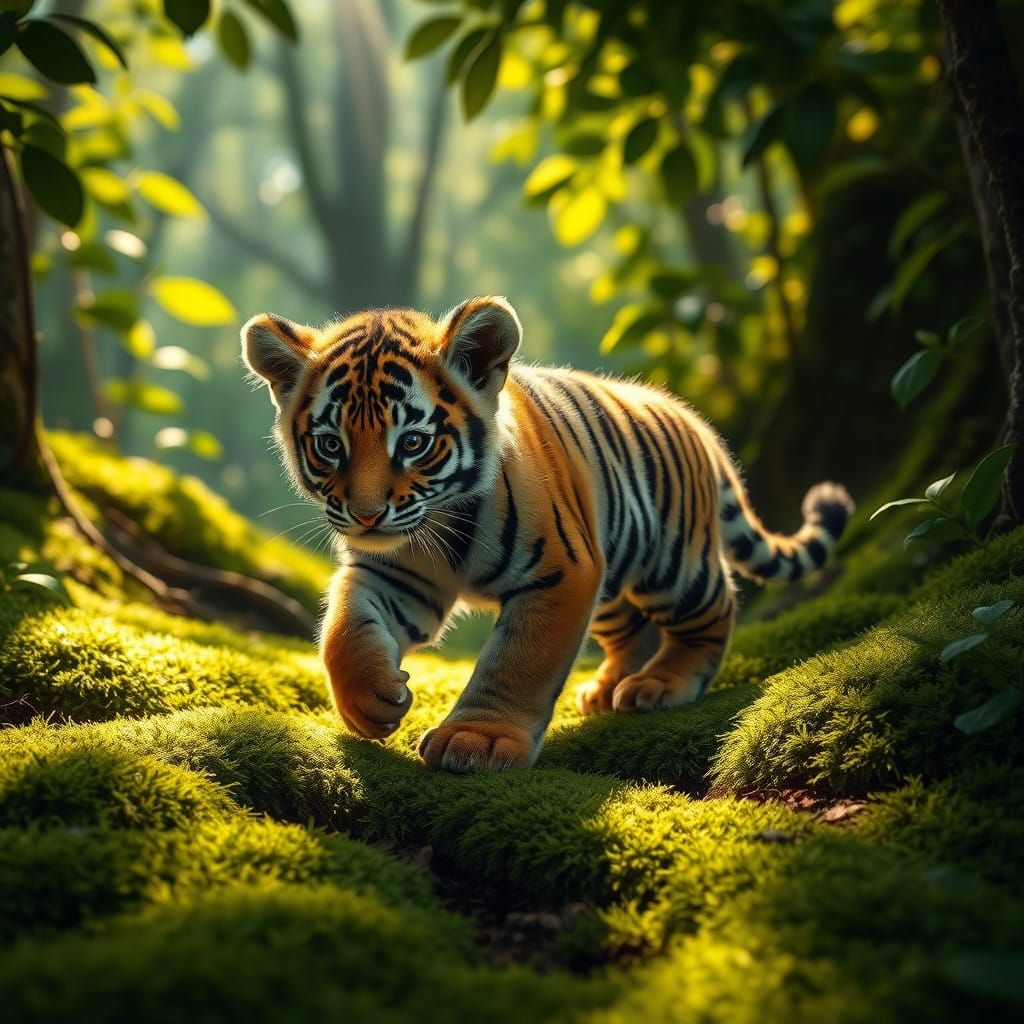 Whimsical Tiger Cub Embarks on Enchanted Forest Adventure