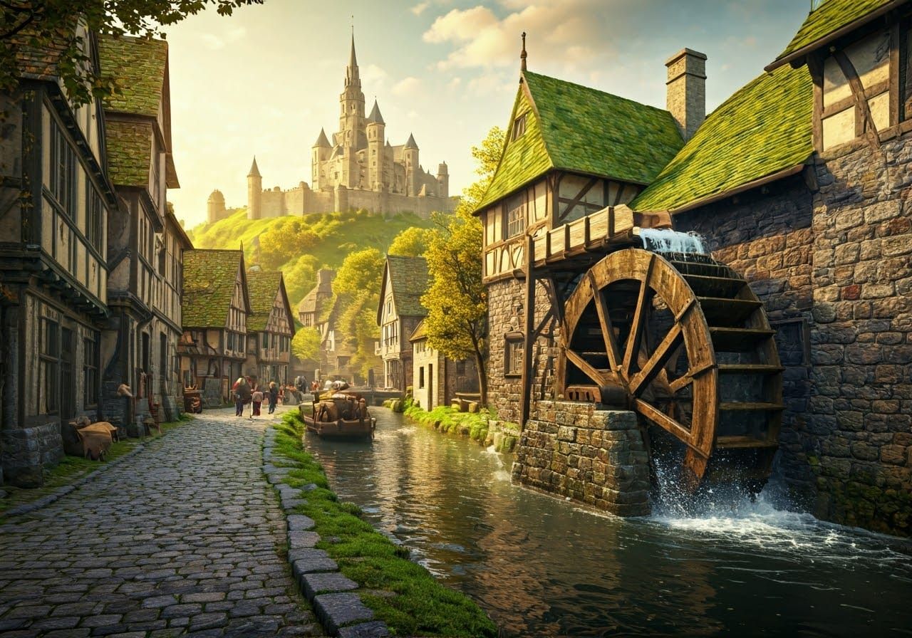 Waterwheel in medieval city