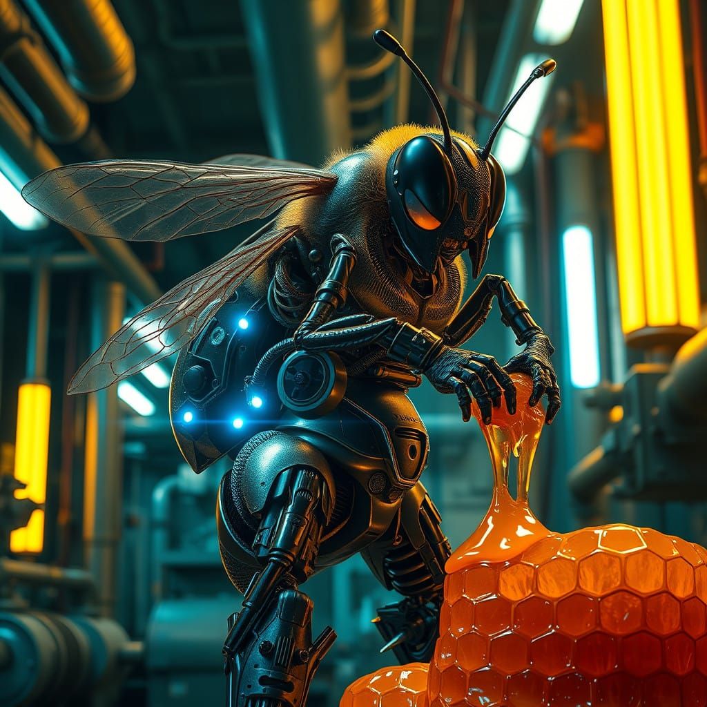 Cyberpunk Bee Crafts Honey in Futuristic Factory