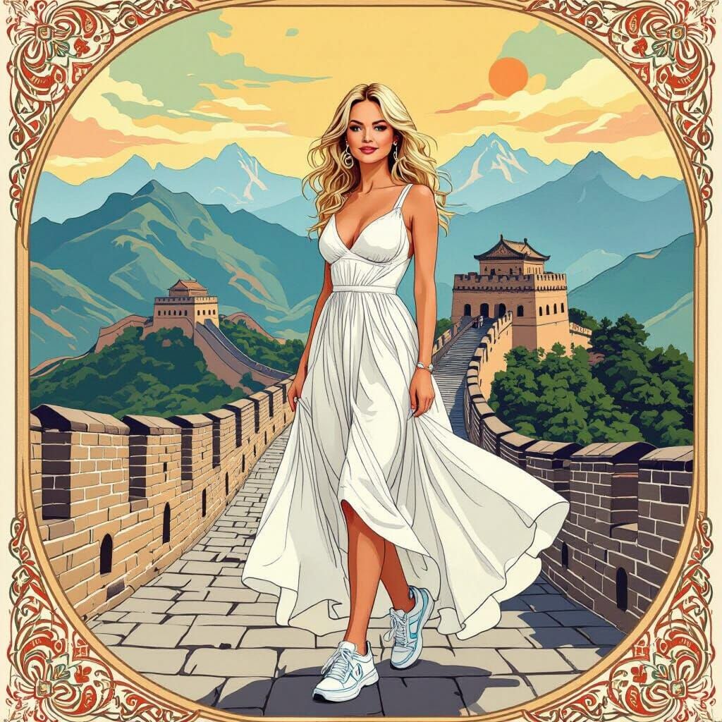 Emma Bunton on Great Wall, Mucha-Inspired Art