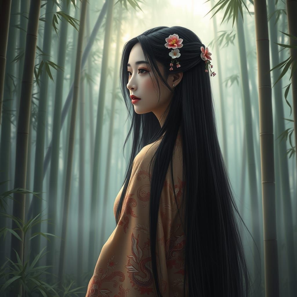 Ethereal Woman Amidst Bamboo Forest in Dreamlike Fantasy