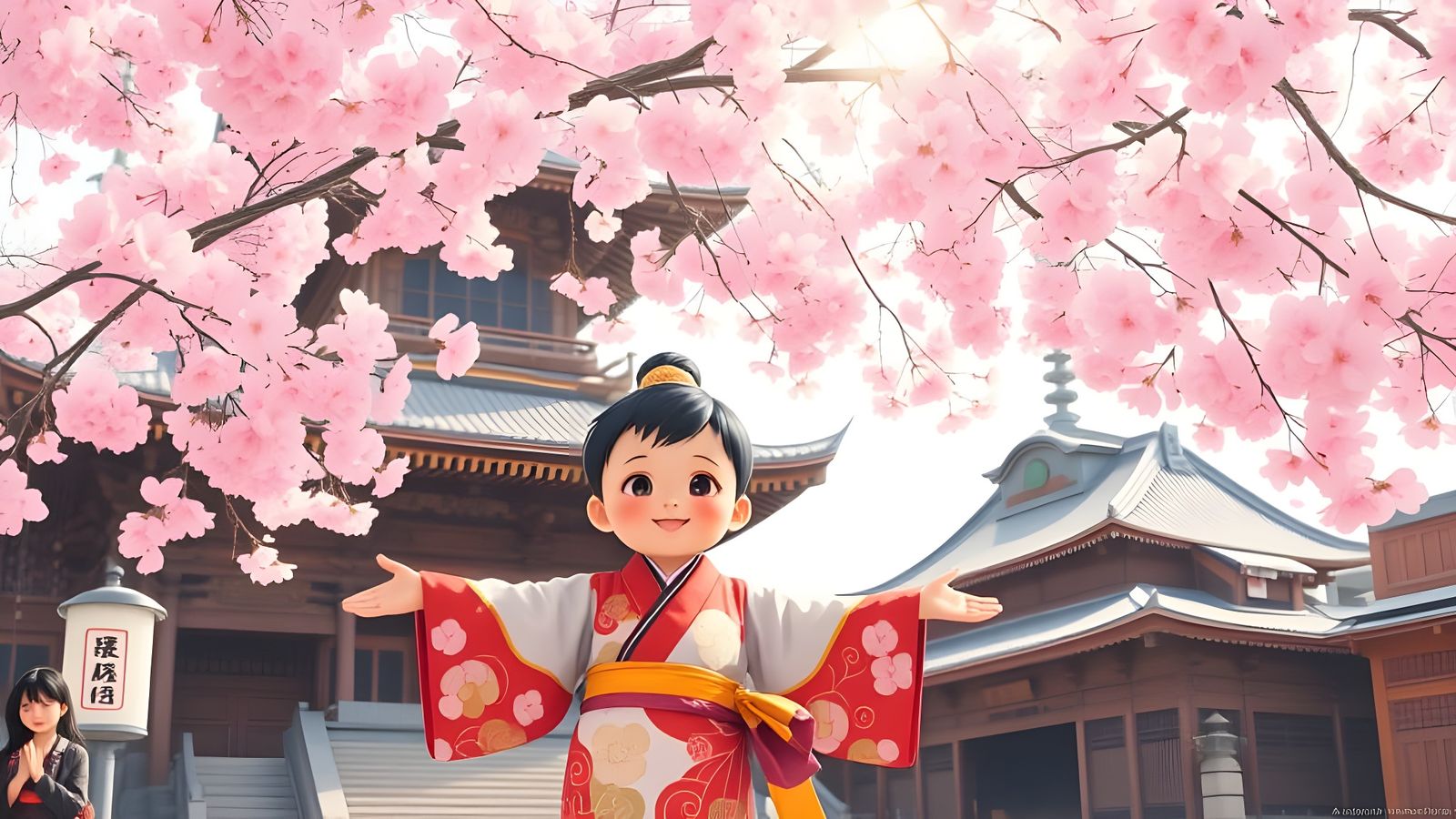 Surreal Cherry Blossom Scene with Ancient Building