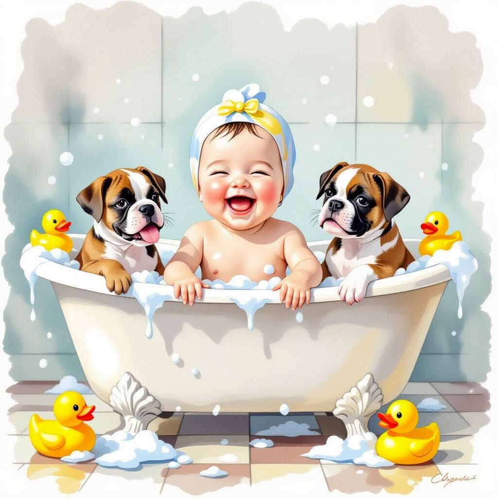 Baby with Puppies in Tub: Watercolor and Ink