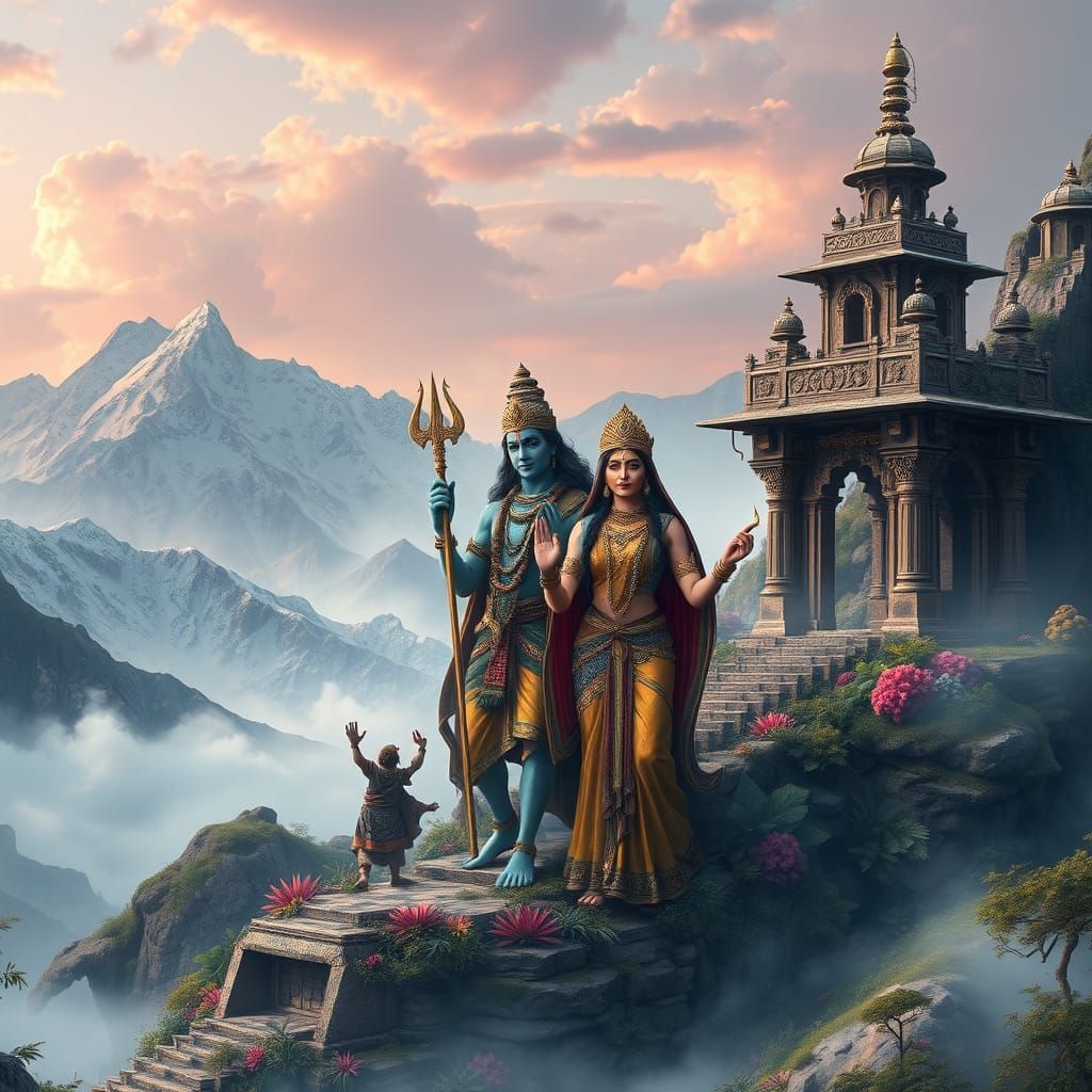 Shiva and Parvati in Vibrant Himalayan Landscape