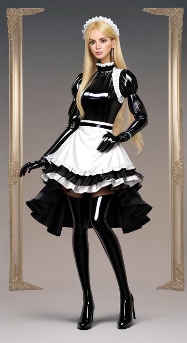 See-Through Latex French Maid Dress with Floral Print