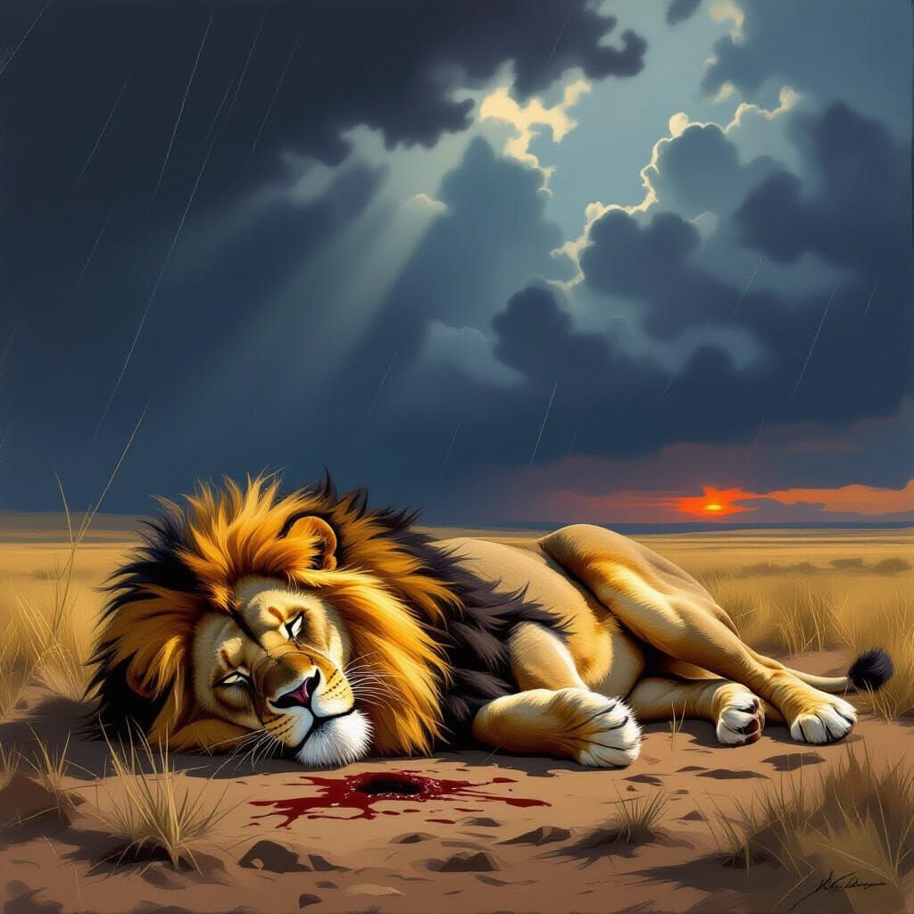 Tragic Lion in Desolate Savanna