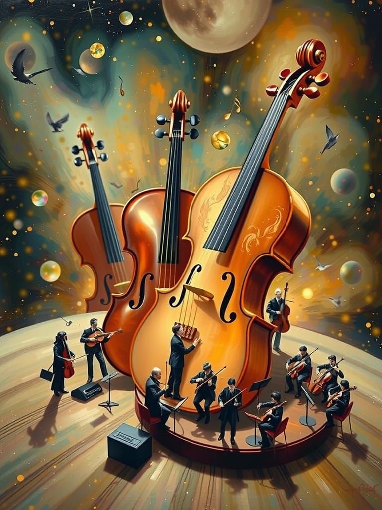 A gargantuan, dark wood violin with a bright inner glow, glo...