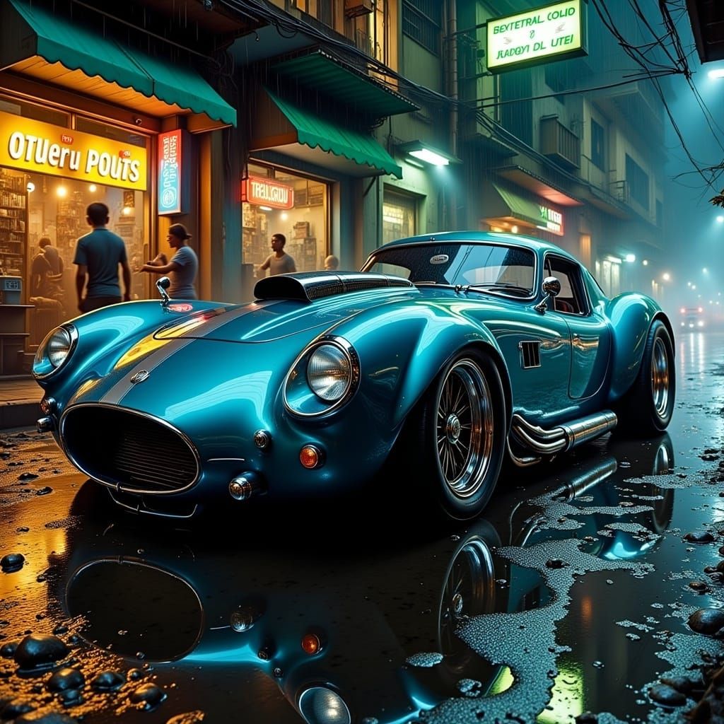 High-Octane Custom Car in Rain-Soaked Caracas