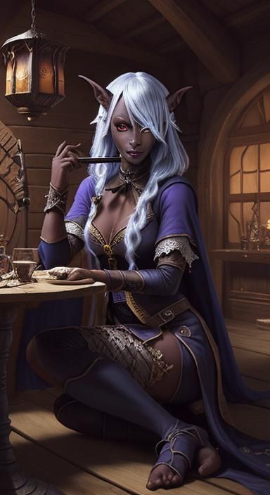 Dark Elf Bard in Tavern, Anime Style