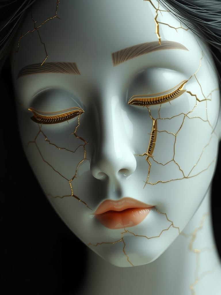 Ethereal Goddess with Golden Porcelain Skin