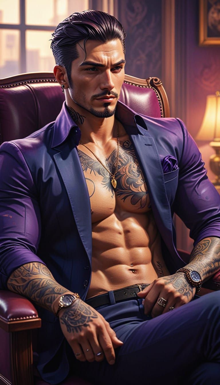 Anime Mafia Boss with Tattoos in Soft Watercolour Style