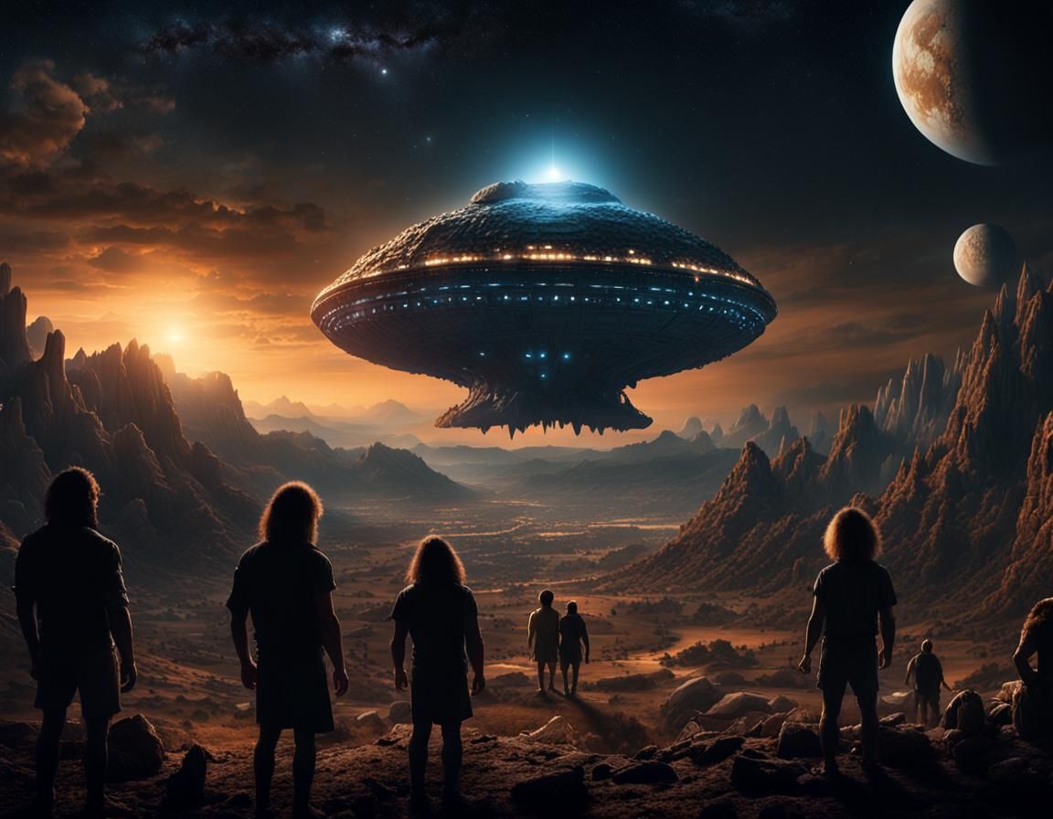 Cavemen Watch Alien Spaceship: Cinematic Digital Painting