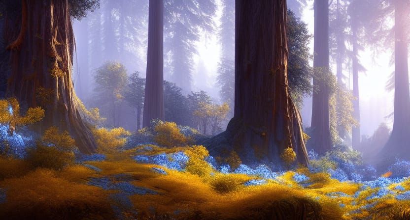 Epic Redwood Forest in Gold and Blue