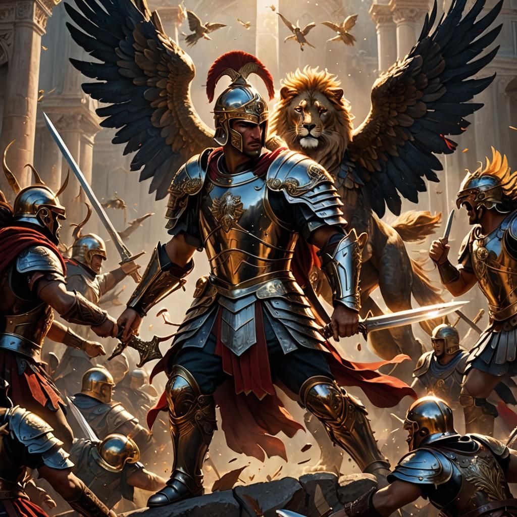 Epic Battle Between Roman Soldier and Mythical Beasts